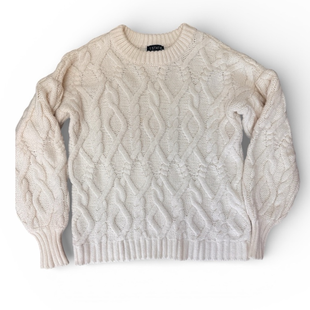 1. STATE Ivory Cable Knit Sweater XS Chunky Crewneck Cozy Chic Puff Sleeve - Picture 2 of 6